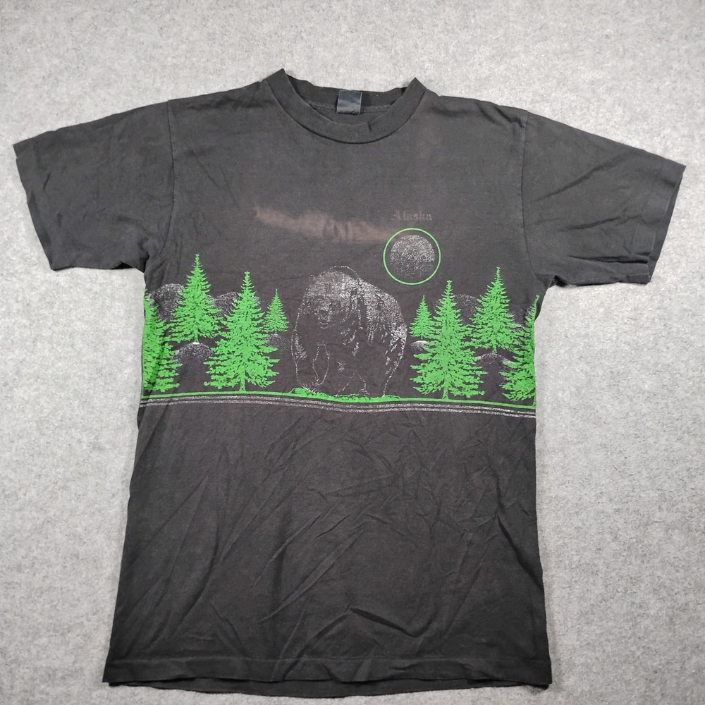 Vintage Alaska Grizzly Bear Graphic T Shirt Men's Small Faded Black Neon